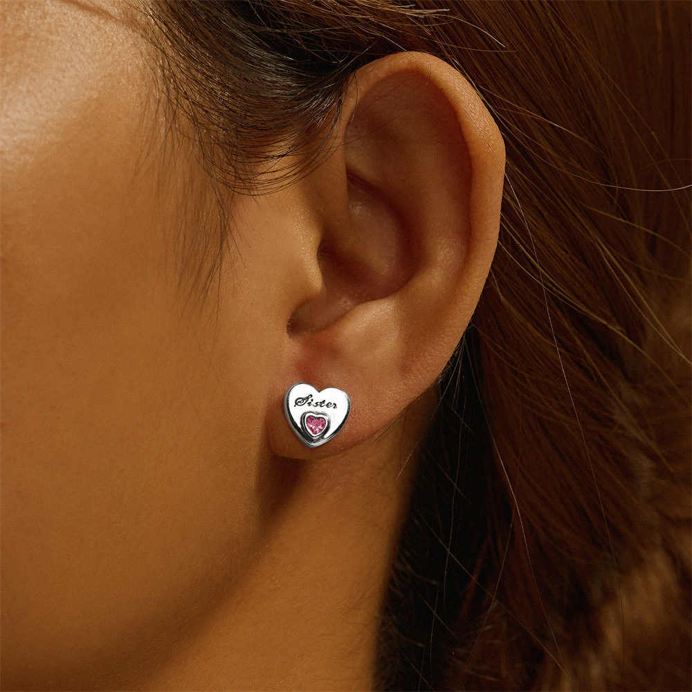 4g Weight Zircon Inlay Material Ear Studs Classification 1 Pair Quantity Daily, Festival Occasion 925 Sterling Silver Material Mother'S Day Festival Letter, Heart Shape Pattern Women's Gender Plating, Inlay Design Simple Style Style 1 Pair 925 Sterling Silver Zircon Letter Heart Shape Ear Studs 17