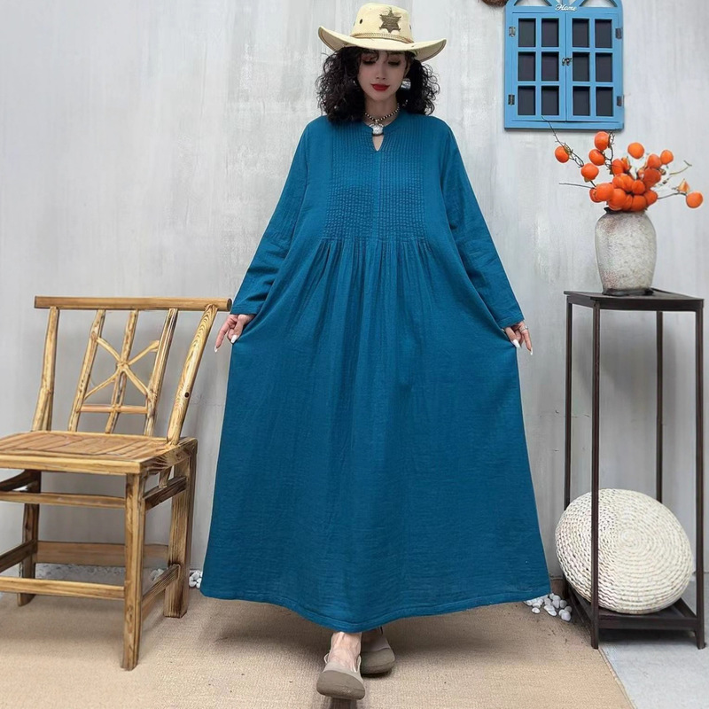 Autumn New Artistic Double-Layer Cotton Gauze Dress Loose Solid Color Base Dress Accordion Pleat Long Elegant Dress