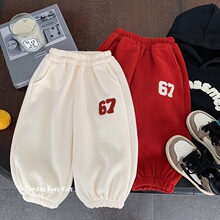 男童裤子冬季儿童运动裤米色小童2025新款秋冬款男孩加绒卫裤刺绣