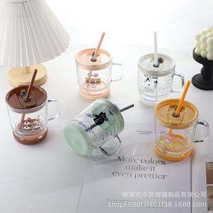 High-Looking Handle Glass Straw Cup with Lid Scale Cup Cute Milk Cup Breakfast Cup Coffee Cup New Style