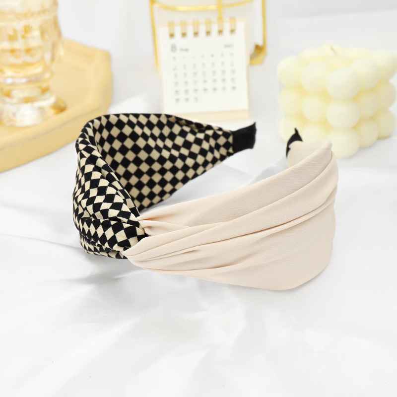 Retro Plaid Colorblock Dough-twist Style Plaits Headband Wide Edge Fabric Barrettes F631 display picture 3