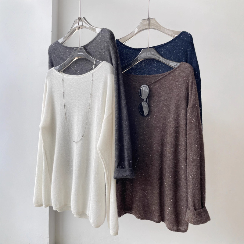 Galaxy Flowing ~ Cashmere Beaded Yarn Off-Shoulder Top Silk Wool Thin Sweater Knit Women G091608