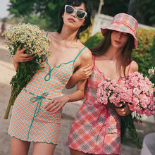 2024连体泳衣女格子清新带裙两件套露背显瘦性感清纯外贸温泉泳衣