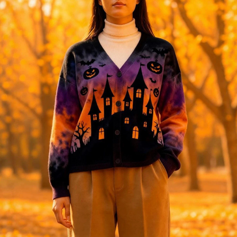 Cross-border European and American new 3D printed devil Halloween cardigan, trendy autumn/winter top, 360-gram knitted sweater