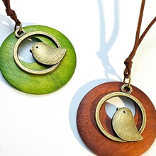 Ethnic style sweater chain retro bird wood pendant necklace