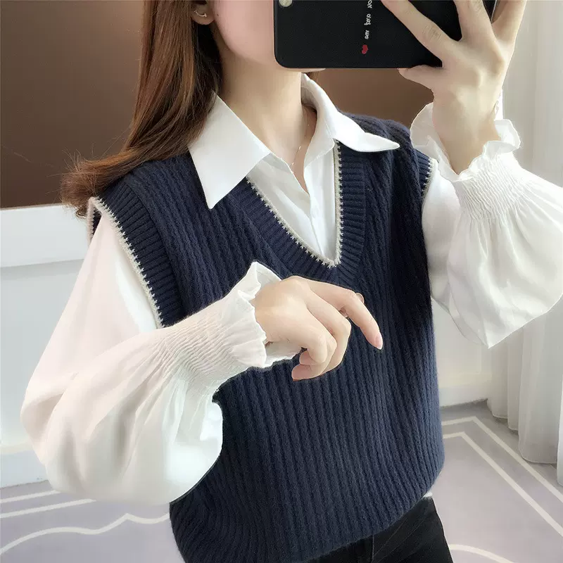 春秋时尚简约叠穿马甲背心外穿女洋气复古V领撞边针织马甲配衬衫