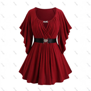 European and American Fashion Women's Chain Decoration Butterfly Sleeve Shirt Top with Belt Women's plus size T-Shirt