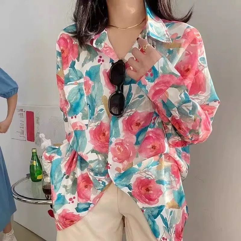 Trendy Floral Shirt for Women, Stylish Design, New Niche Hong Kong Style Loose Shirt for Team Building Trendy Floral Shirt for Women, Stylish Design, New Niche Hong Kong Style Loose Shirt for Team Building