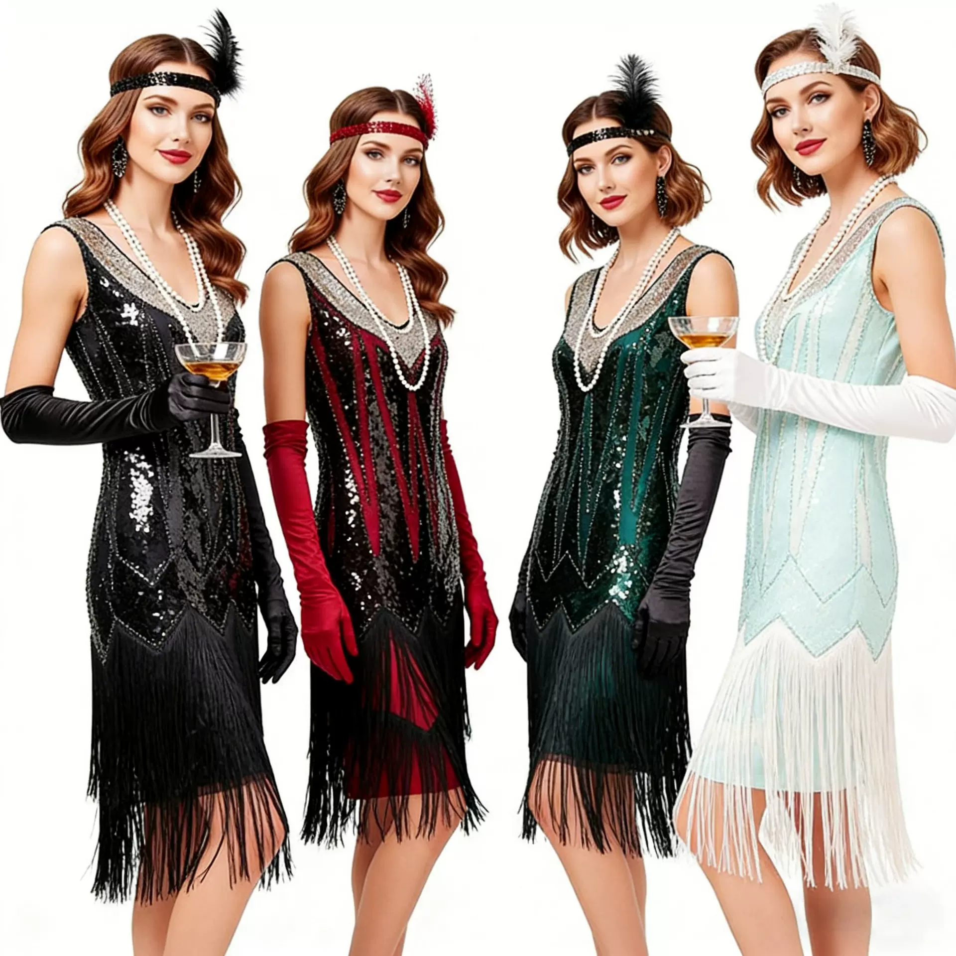欧美复古1920S复古V领流苏裙盖茨比服装拉丁舞舞会亮片钉珠连衣裙