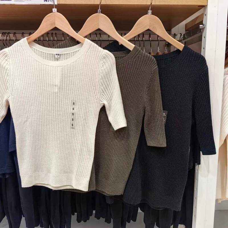 Japanese Women's Worsted Merino Rib Crewneck Sweater 5-sleeve Machine Washable Slim-fit Slim-fit 471596