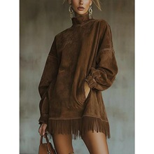 I 83656 High Neck Loose Pocket Fringe Suede Dress ���I���K�B