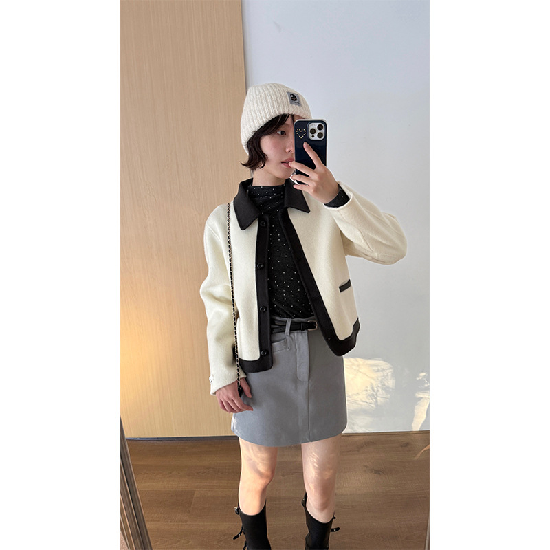 衣夫 翻领小香风双面呢羊毛外套2025秋冬季韩版简约撞色呢大衣091