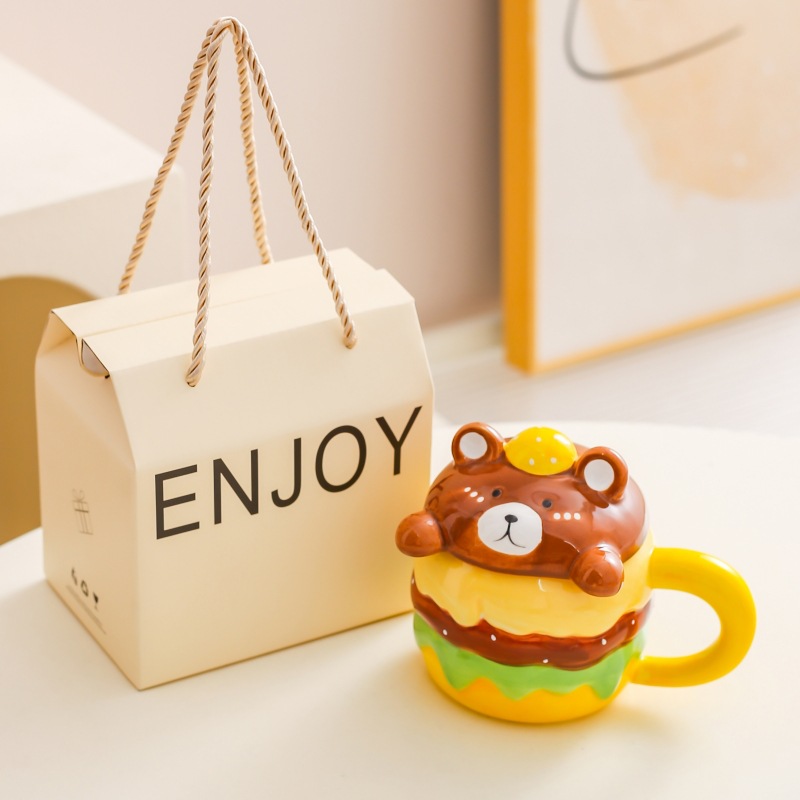 Creativa hamburguesa dibujos animados linda taza de cerámica taza de desayuno de gran capacidad taza de café taza de pareja taza de agua para el hogar