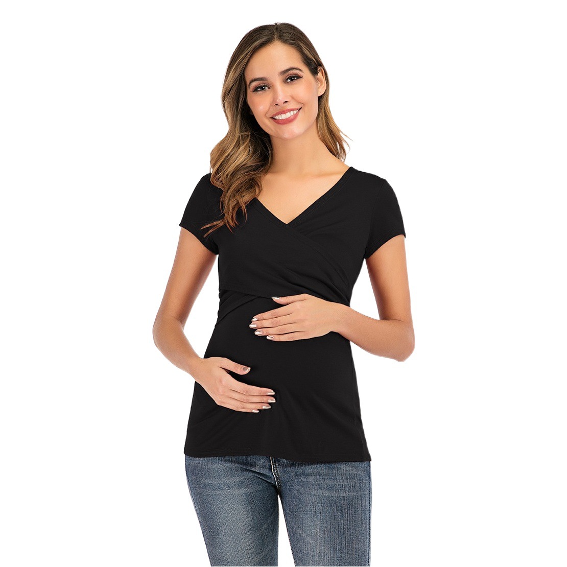 En stock Amazon popular europeo y americano Verano de manga corta ropa de maternidad profundo V-V color sólido Cruz-estilo ropa de enfermería