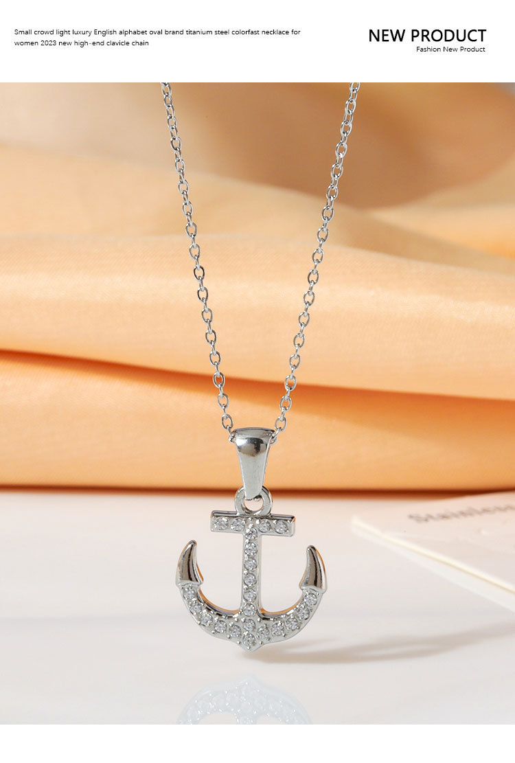 Collana semplice in acciaio al titanio con nave pirata vintage, stile hip hop, ancora, punk, non sbiadisce, con zircone femminile, catena per clavicola con senso avanzato_voghion.com