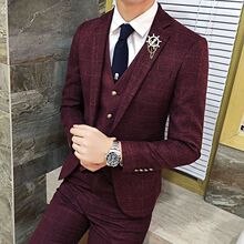 春季韩版修身格子西装套装男正装新郎结婚礼服酒红色西装三件套潮