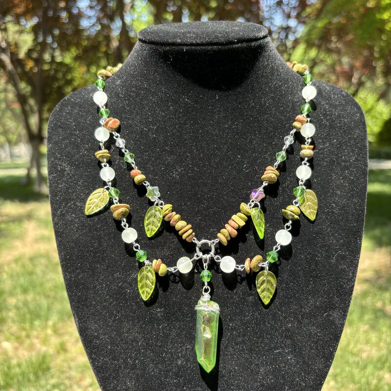 F014 Original Etsy Independent Flower Green Crystal Necklace Vintage Mori Fairy Necklace Neck