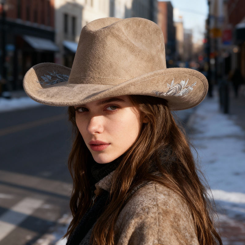 Cappello cowboy donna in denim con ricamo e tesa larga_voghion.com