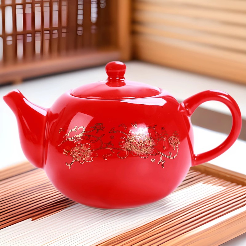 热卖家用德化陶瓷中国红色茶具龙凤双喜泡茶壶结婚婚庆新人敬茶壶