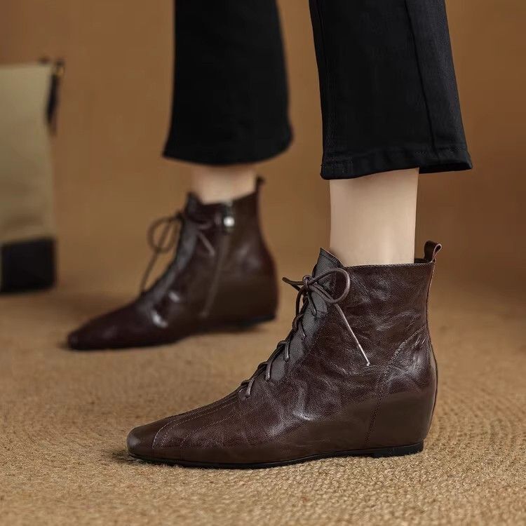 British Style Inner Heightening Martin Boots for Women in Autumn and Winter New Style Square Toe Wedge Heel Short Boots Foreign Style New Trend