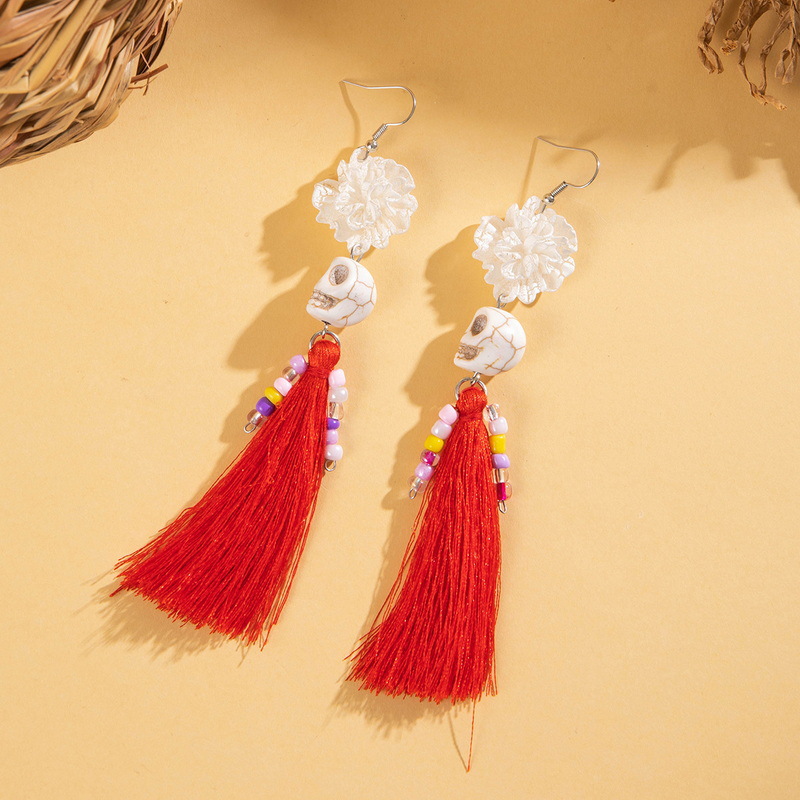 27g Weight Alloy Ear Needle Material Drop Earrings Classification 1 Pair Quantity Holiday, Daily Occasion Alloy, Resin Material Halloween Festival Tassel, Skull Pattern Women's Gender Plating Design Elegant, Streetwear Style 1 Pair Halloween Elegant Streetwear Tassel Skull Plating Alloy Resin Drop Earrings 20