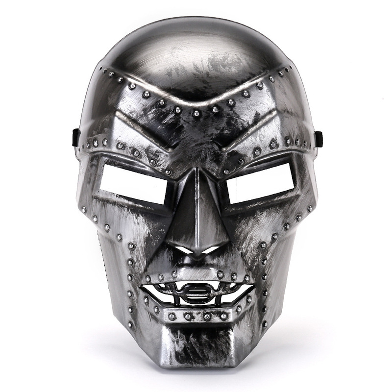 Dr Doom, the villain from the Fantastic Four, wearing a mask and helmet. Victor von Doom costume for cosplay