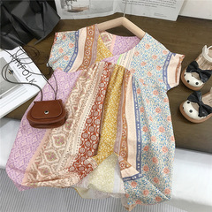 女童夏季民族風文藝拼接春夏裝小女孩時尚寬鬆碎花棉布公主裙外貿