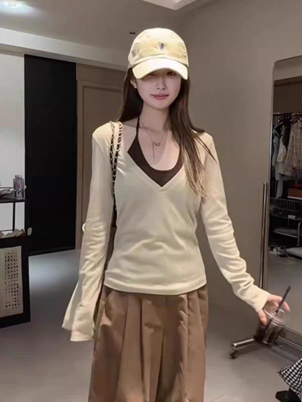 美式复古v领套装女秋季修身显瘦打底罩衫挂脖系带叠穿吊带两件套|undefined