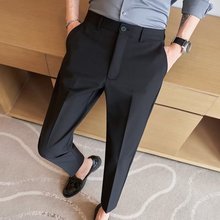 外贸剪标小西裤男九分修身直筒休闲裤冰丝男士垂感黑色西装裤