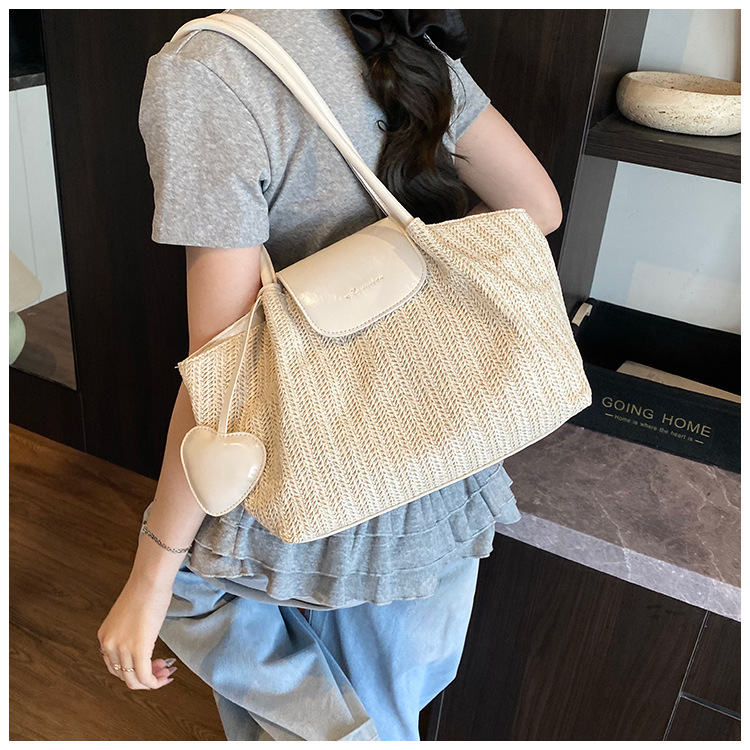 French niche straw woven large-capacity tote bag for women 2025 summer casual vacation beach woven single-shoulder bag trend undefined