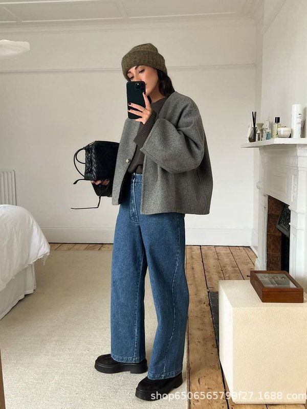 Amazonクロスボーダーヨーロッパとアメリカの服2024秋冬新作ファッショナブルなショートVネックウールカーディガンシングルボタンジャケット|undefined