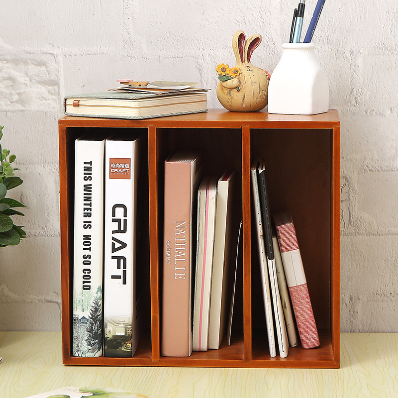 P616實木復古簡易書架桌上辦公桌面書桌收納小書櫃飄窗床頭書本置