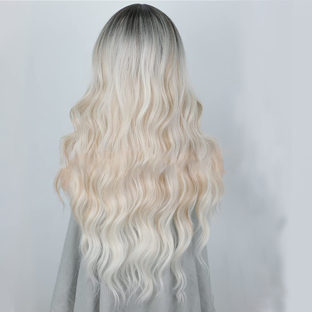 Peluca ondulada larga gradiente Peluca de oro blanco femenino medio rizado pelo sintético fábrica en stock al por mayor