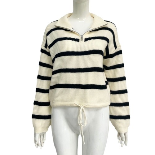 Amazon half-zipper striped sweater European and American autumn and winter new style foreign trade thickened loose pullover short sweater for women