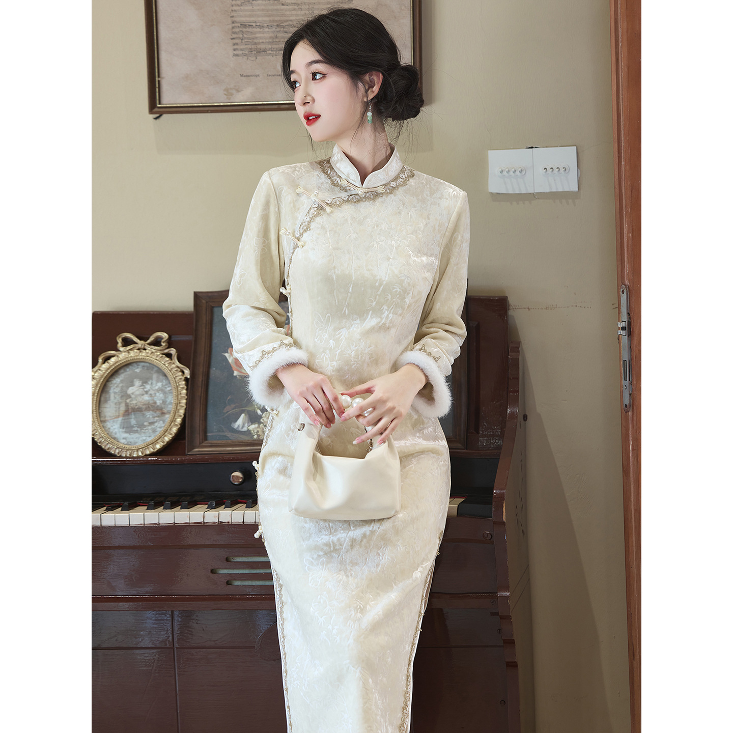 香槟色订婚旗袍女新中式敬酒服新娘小个子结婚礼服裙长袖绝美冬季