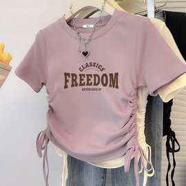 抽绳短袖t恤女童棉质凉爽小个子亲子装短款体恤修身洋气卡腰上衣