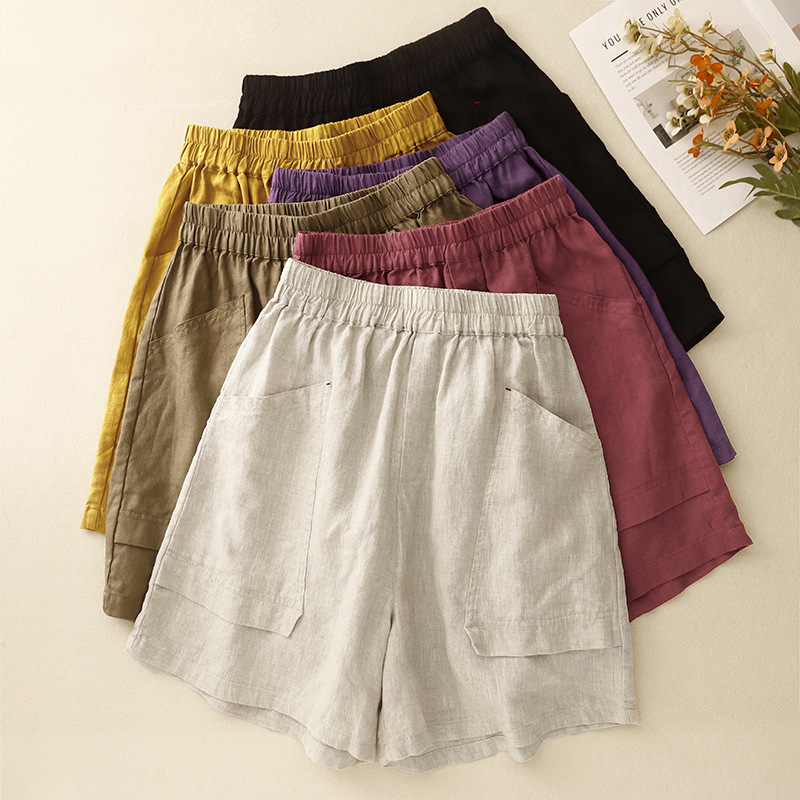 Real Shot of 2026 Summer New Vintage Cotton-Linen Shorts for Women with Elastic Waist, Large Pockets, Wide-Leg Design, Slimming Straight-Leg Pants Real Shot of 2026 Summer New Vintage Cotton-Linen Shorts for Women with Elastic Waist, Large Pockets, Wide-Leg Design, Slimming Straight-Leg Pants