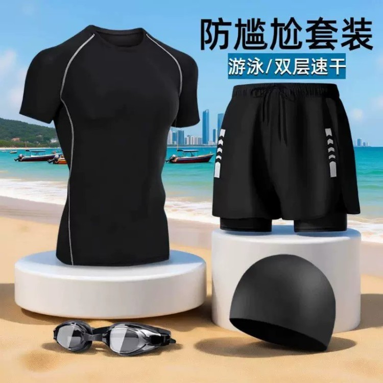 Men's swimwear set with top, 2026 new model, sports short-sleeve shorts, summer swimming, anti-embarrassment double-layer swim trunks