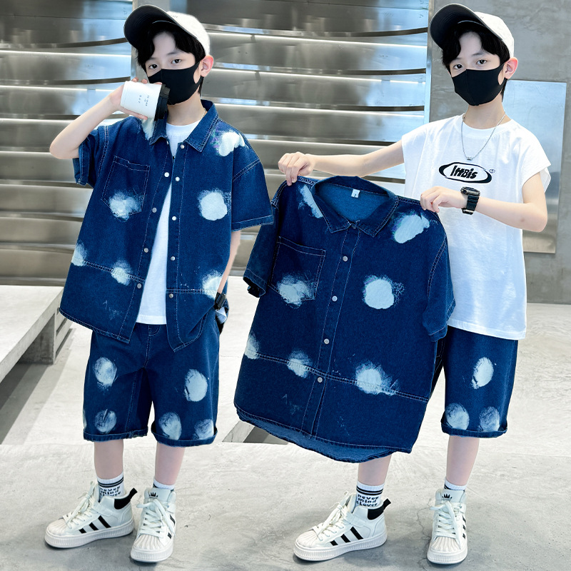(2개) 어린이 의류 세트 2024 여름 소년 반팔 데님 셔츠 3 조각 어린이 스포츠 패션 세트 도매 조수