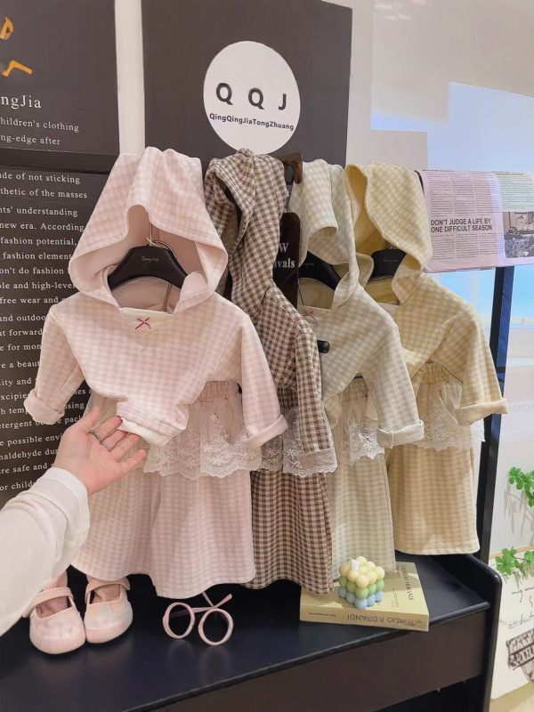 2025新款连帽格子套装 蕾丝花边屁帘阔腿裤女童套装宝宝格子可爱|undefined