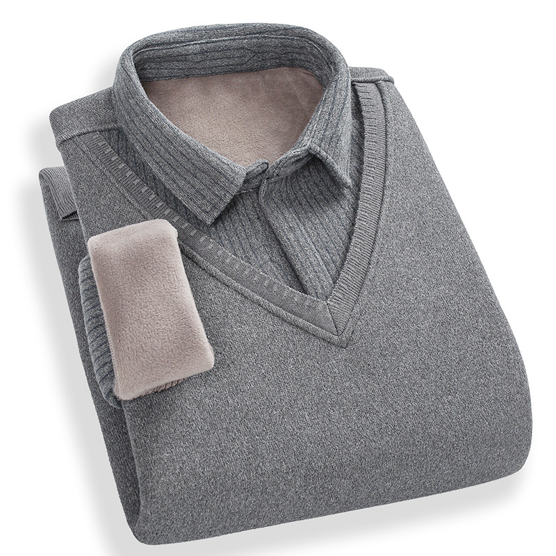 大库存衬衫领假两件一体绒毛衣