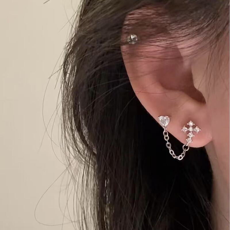 Double Ear Piercing Chain Ear Bone Nail ~ Sweet and Cool Full Diamond One-Piece Ear Bone Chain Cross Heart Two Ear Piercing Earrings