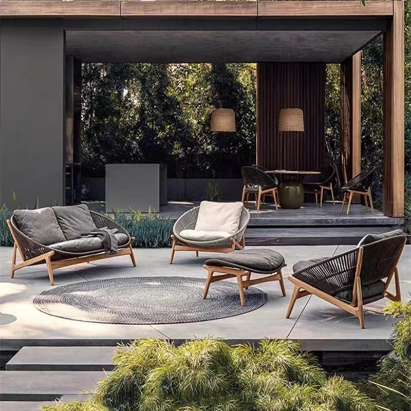 Conjunto de sofá de ratán para patio exterior, sillón individual de ocio para balcón de villa, muebles de teca de diseño para jardín exterior image 2
