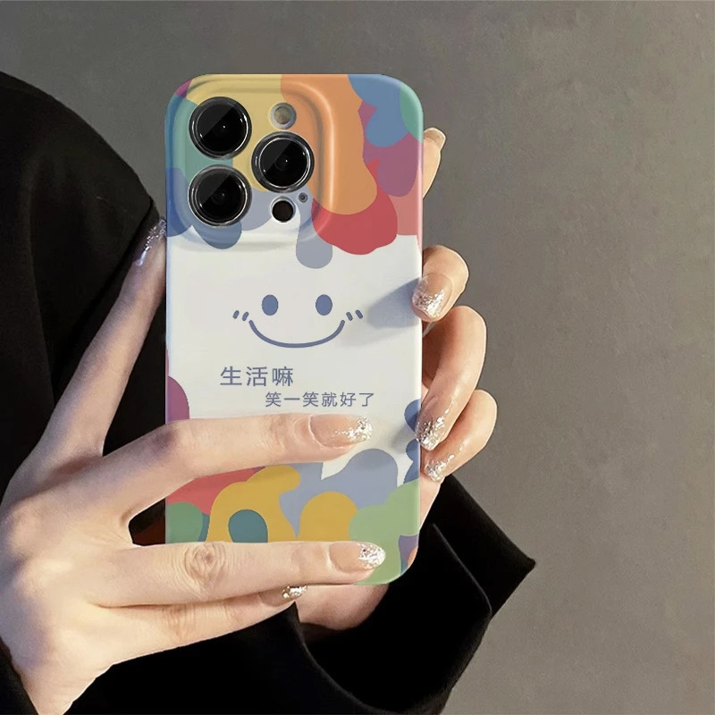 落書きの笑顔が描かれた、Apple 16、iPhone、Huawei、vivo、Xiaomi、oppo対応のスマホケース、スタンド付き、漫画風保護カバー|undefined