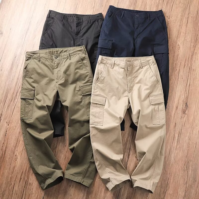 Spring and Autumn Micro-Elastic Trendy Brand Multi-Pocket Small Straight Cargo Pants, Durable, Loose, Stain-Resistant, Washable Work Pants for Men