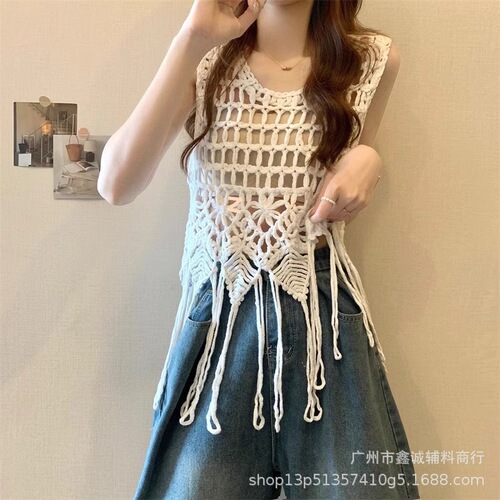 Bohemian Ethnic Style Hooded Top Women's Summer Knitted Outerwear Sleeveless Crochet Cardigan Fringe Mesh Lace Hollow Out Top 