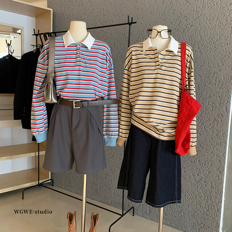WGWE7009polo领薄款竖条纹卫衣复古百搭撞色宽松休闲上衣|undefined