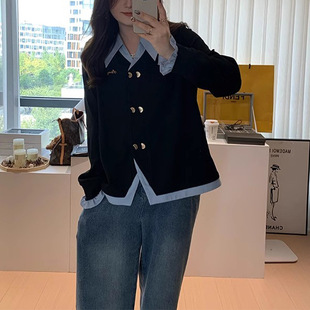 High-end Contrast Color Fake Two-piece Shirt Women's Slim-fit plus size Lace Cuff POLO Collar Cardigan Casual Top