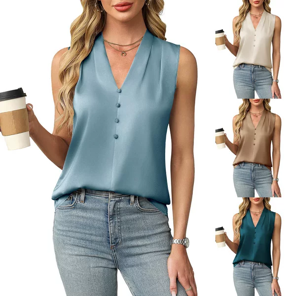 2025 Europe and the United States cross-border women's clothing Amazon spring and summer new temperament satin button V-neck sleeveless top in stock