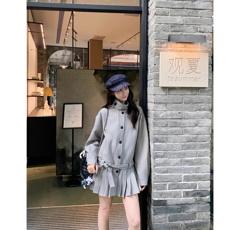 Striped Stand-Up Collar Windbreaker Jacket for Women Autumn New American Style Chic Waist Slimming Dress Short Skirt